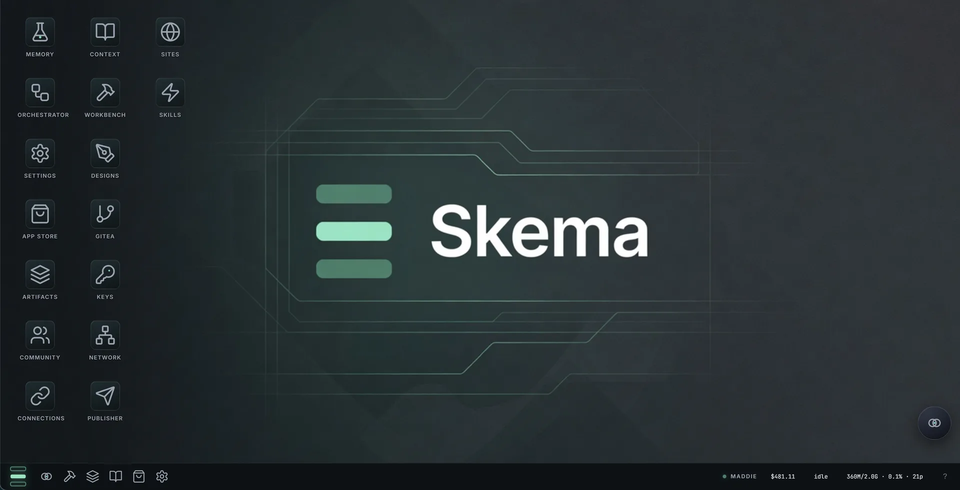 The Skema desktop — the app grid, the dock, and the Host's live status bar with its compute meter